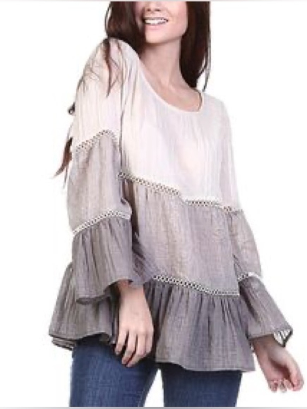 Indigo Soul Tiered Peasant Blouse - Cream and Gray